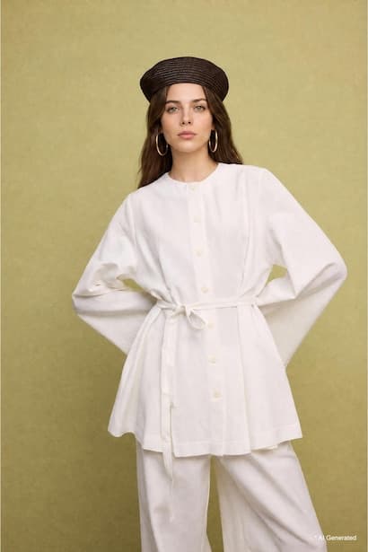 Regular Fit Ecru Linen Blend Long Sleeve Tunic Modest