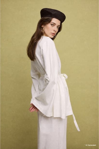 Regular Fit Ecru Linen Blend Long Sleeve Tunic Modest (٣)