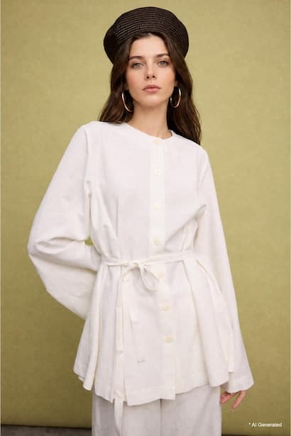 Regular Fit Ecru Linen Blend Long Sleeve Tunic Modest (٤)