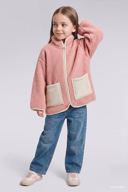 Baby Girl Pockets  Zip-Up Stand Collar Plush Cardigan