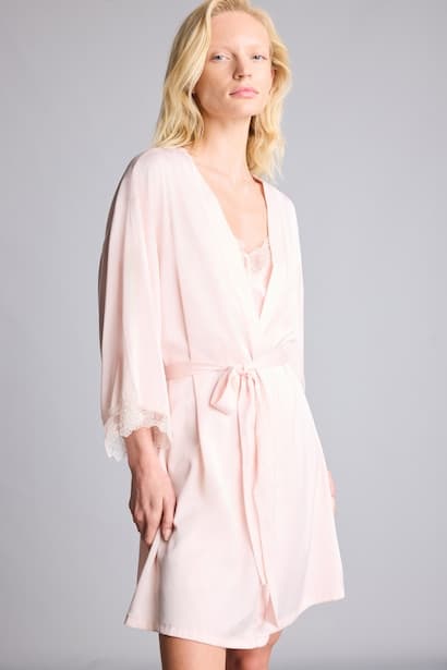 Regular Fit Long Sleeve Lace Detailed Satin Robe Homewear
