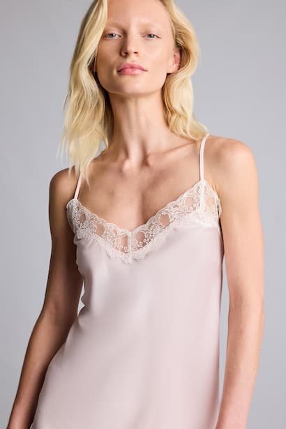 Regular Fit V-Neck Lace Detail Satin Slip Dress Homewear (٣)