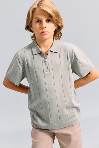 Boy Half-Zip Short Sleeves Textured Knit Polo T-Shirt