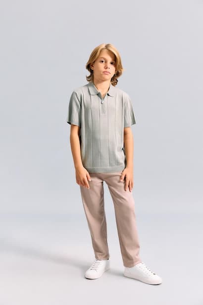 Boy Half-Zip Short Sleeves Textured Knit Polo T-Shirt (٢)