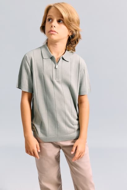 Boy Half-Zip Short Sleeves Textured Knit Polo T-Shirt (٣)