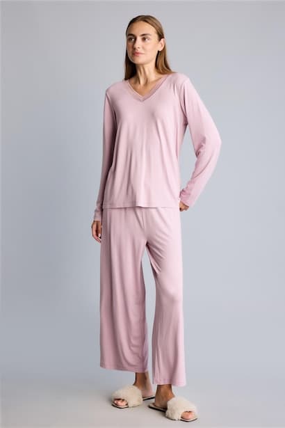 Regular Fit 2-Piece Long Sleeve V-Neck Top and Wide Leg Pyjama Trousers Set Homewear Set