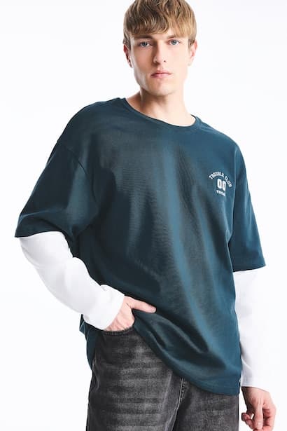Boxy Fit 100% Cotton Printed Crew Neck Long Sleeve T-Shirt