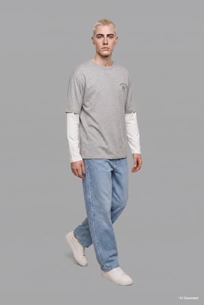 Boxy Fit Printed Crew Neck Long Sleeve T-Shirt