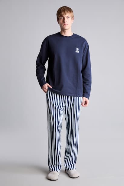 Regular Fit 100% Cotton Long Sleeve Crew Neck Top and Striped Trousers Pajama Set Homewear
