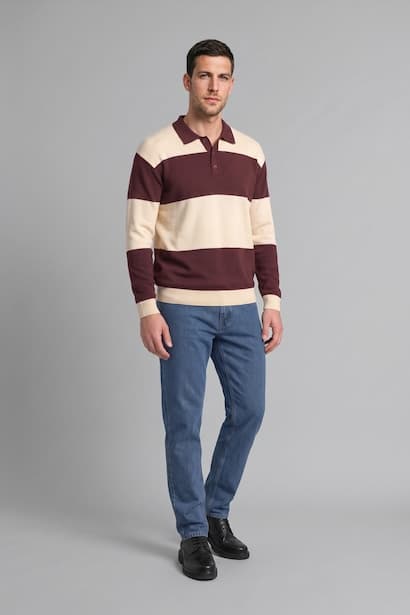 Relax Fit Polo Collar Striped Knit Pullover