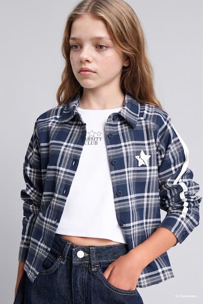 Girl Regular Fit 100% Cotton Checkered Flannel Back Printed Shirt