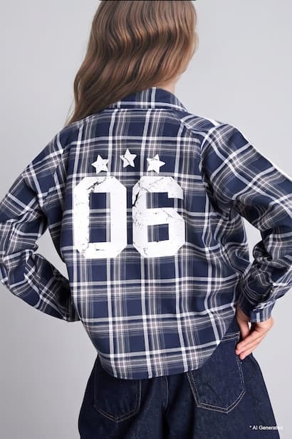 Girl Regular Fit 100% Cotton Checkered Flannel Back Printed Shirt (٤)