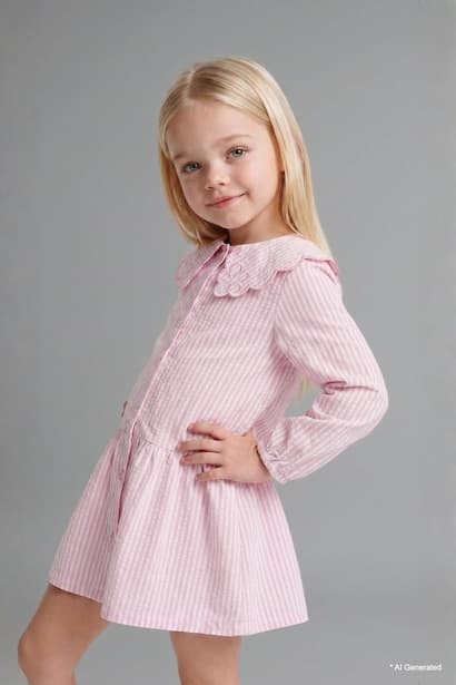 Baby Girl Textured Striped Long Sleeve Woven Dress (٣)