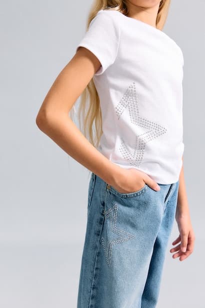 Girl Ribana Printed Cotton Short Sleeve White T-Shirt (٣)