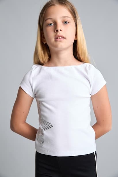 Girl Ribana Printed Cotton Short Sleeve White T-Shirt (٤)