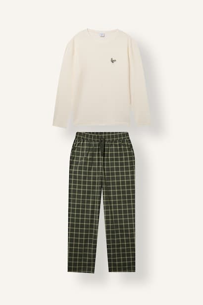 Regular Fit Crew-Neck Plaid 2 Piece Set Homewear