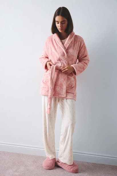 Regular Fit Welsoft Plush Wrap-Neck Long Sleeve Robe Homewear