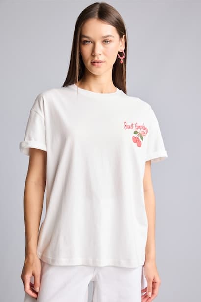 Oversize Crew Neck Back Print White T-Shirt (٤)