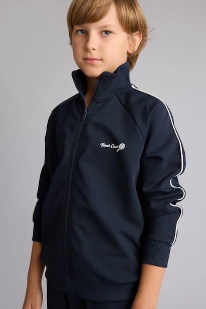 Boy Cotton Printed Stand Collar Zippered Cardigan