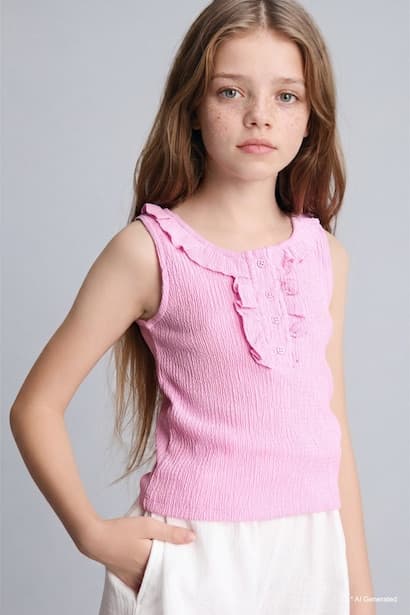 Girl Ruffle Crinkled Fabric Blouse T-Shirt