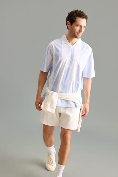 Boxy Fit Polo Collar Printed Tulle Short Sleeve T-Shirt