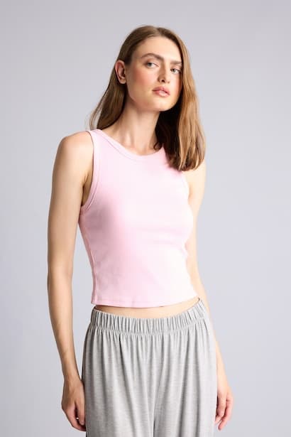 Slim Fit Cropped Ribbed Cotton Tank Top Homewear (٣)