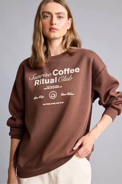 Oversize Crew Neck Slogan Print Thick Fabric Sweatshirt