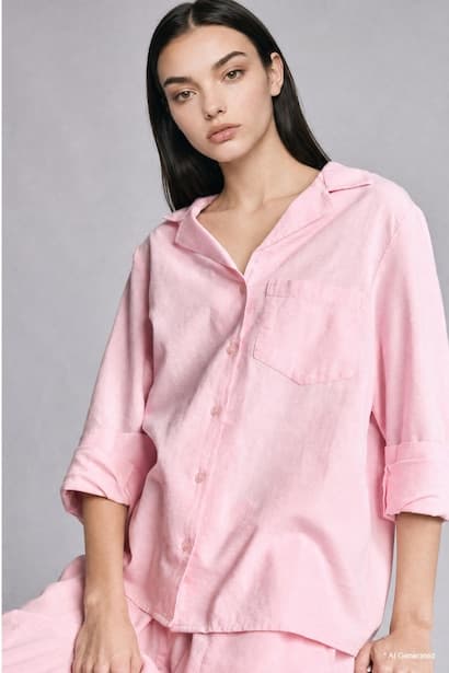 Oversize Fit Pink Linen Blend Long Sleeve Shirt
