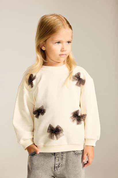 Baby Girl 100% Cotton Ecru with Bows Crew Neck Sweatshirt