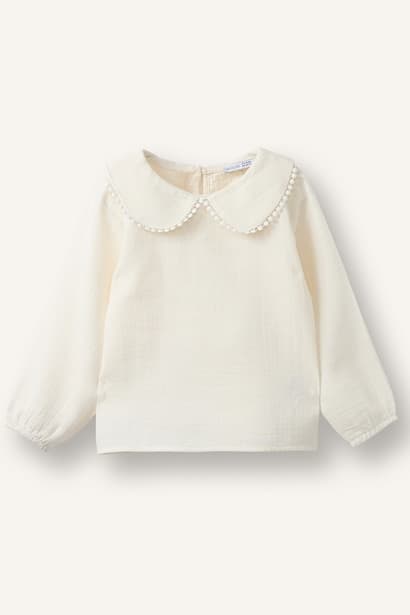 Baby Girl 100% Cotton Muslin Long Sleeve Ecru Shirt