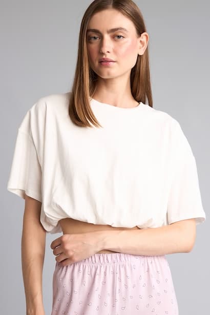 Crop Ecru 100% Cotton Crew Neck Short Sleeve Dropped Shoulder T-Shirt Homewear