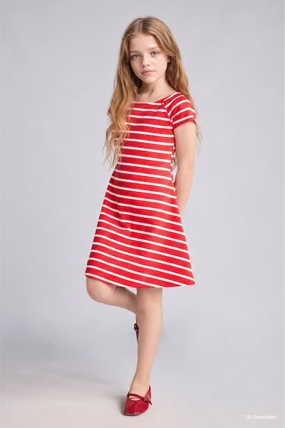 Girl Striped Red Knee Length Dress