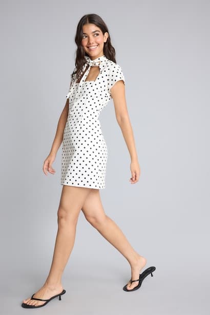 Mandarin Collar Crepe Polka Dot Mini Dress