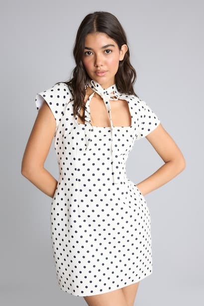 Mandarin Collar Crepe Polka Dot Mini Dress (3)
