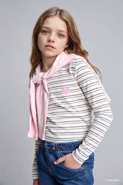 Girl Ecru Printed Crew Neck Long Sleeve T-Shirt (٣)