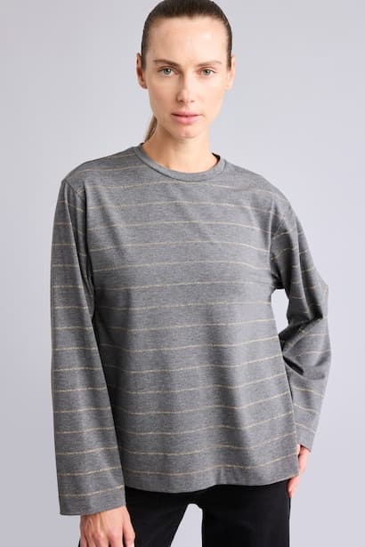 Relaxed Fit Striped Crew Neck Long Sleeve T-Shirt Modest