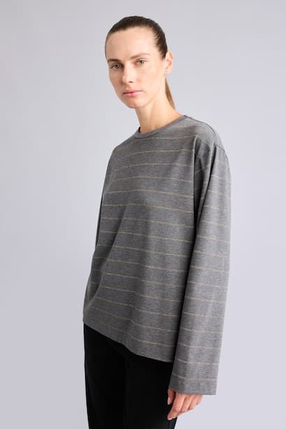 Relaxed Fit Striped Crew Neck Long Sleeve T-Shirt Modest (٣)