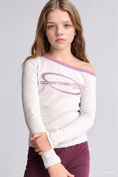 Girl Fitted Boat Neck Printed Ribbed T-Shirt