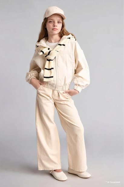 Girl Wide-Leg Light Beige Gabardine Trousers