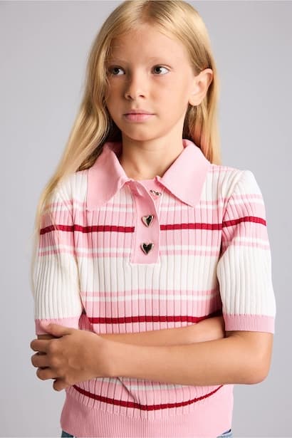 Girl Regular Fit Ribbed Knit Short Sleeve Polo Sweater