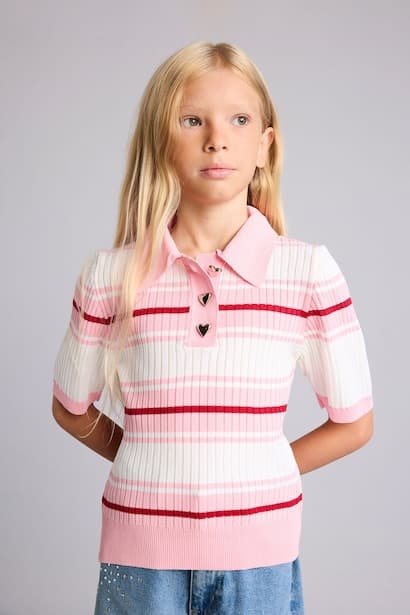 Girl Regular Fit Ribbed Knit Short Sleeve Polo Sweater (3)