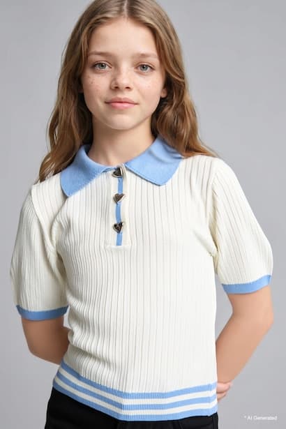Girl Regular Fit Ribbed Polo Neck Short Sleeve Sweater