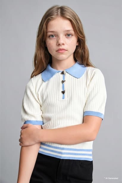 Girl Regular Fit Ribbed Polo Neck Short Sleeve Sweater (3)