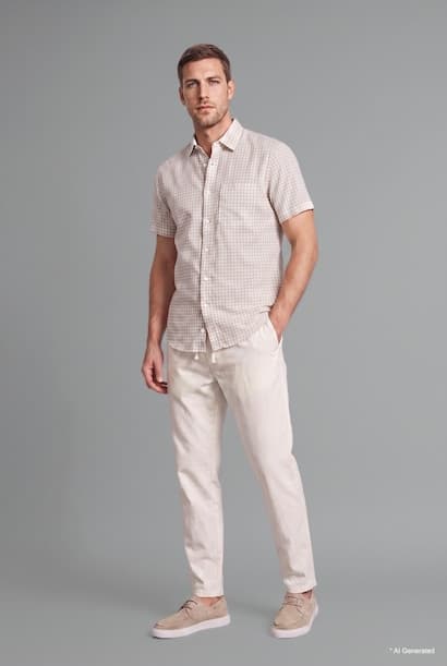 Regular Fit 100% Cotton Checked Beige Short Sleeve Shirt