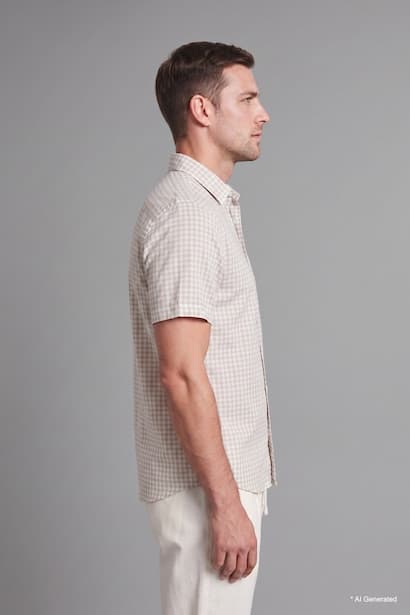 Regular Fit 100% Cotton Checked Beige Short Sleeve Shirt (3)