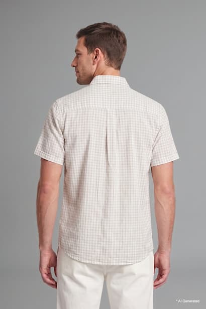 Regular Fit 100% Cotton Checked Beige Short Sleeve Shirt (4)