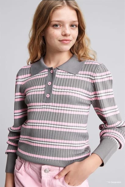 Girl Regular Fit Striped Polo Neck Pullover