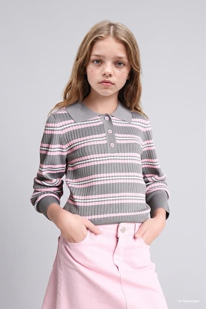 Girl Regular Fit Striped Polo Neck Pullover (3)