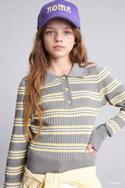 Girl Regular Fit Striped Polo Collar Pullover (3)