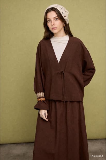 Regular Fit Linen Blend Brown Kimono